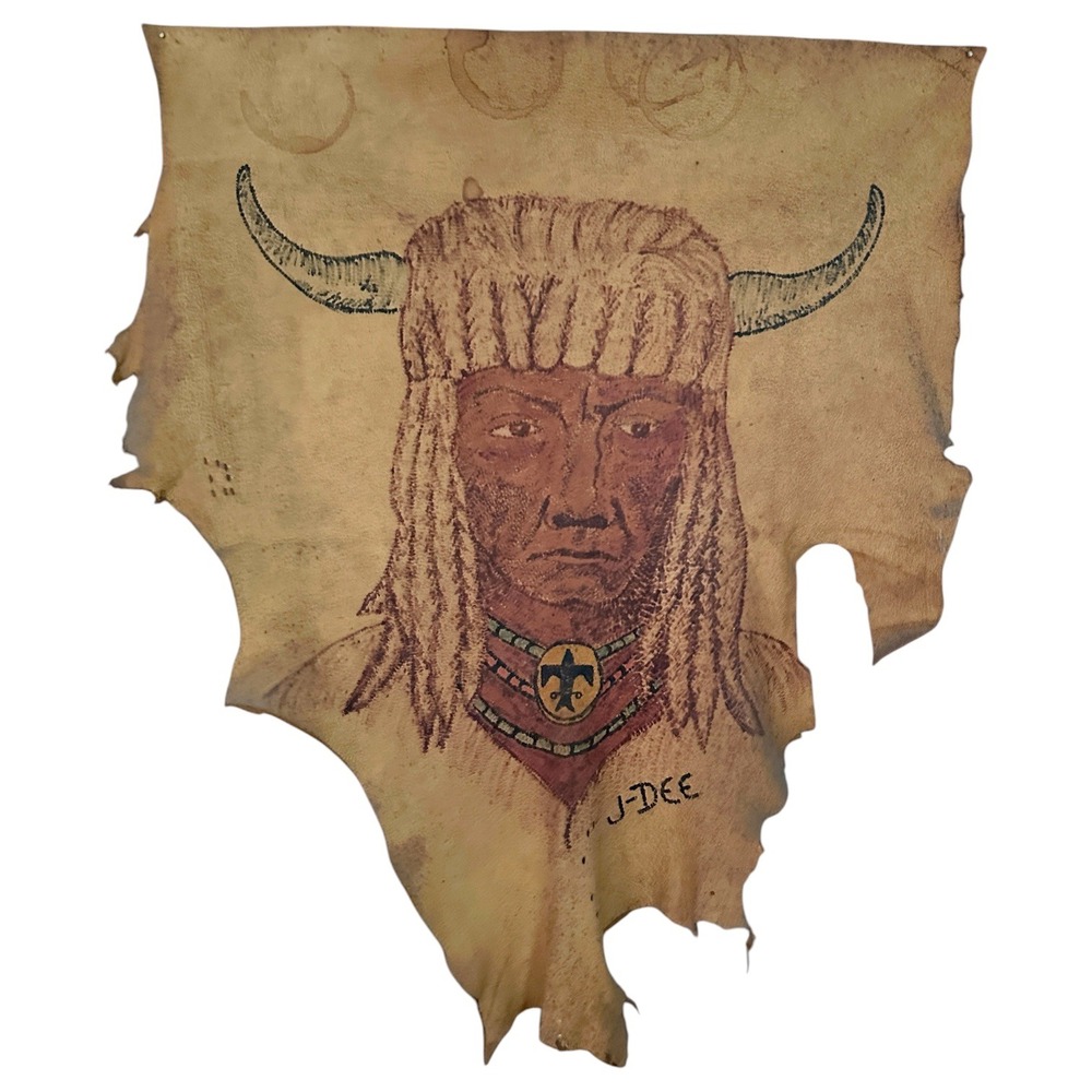 Native American Leather Hide Painting J-DEE Signed Hand Painted Warriorโ Buffalo
